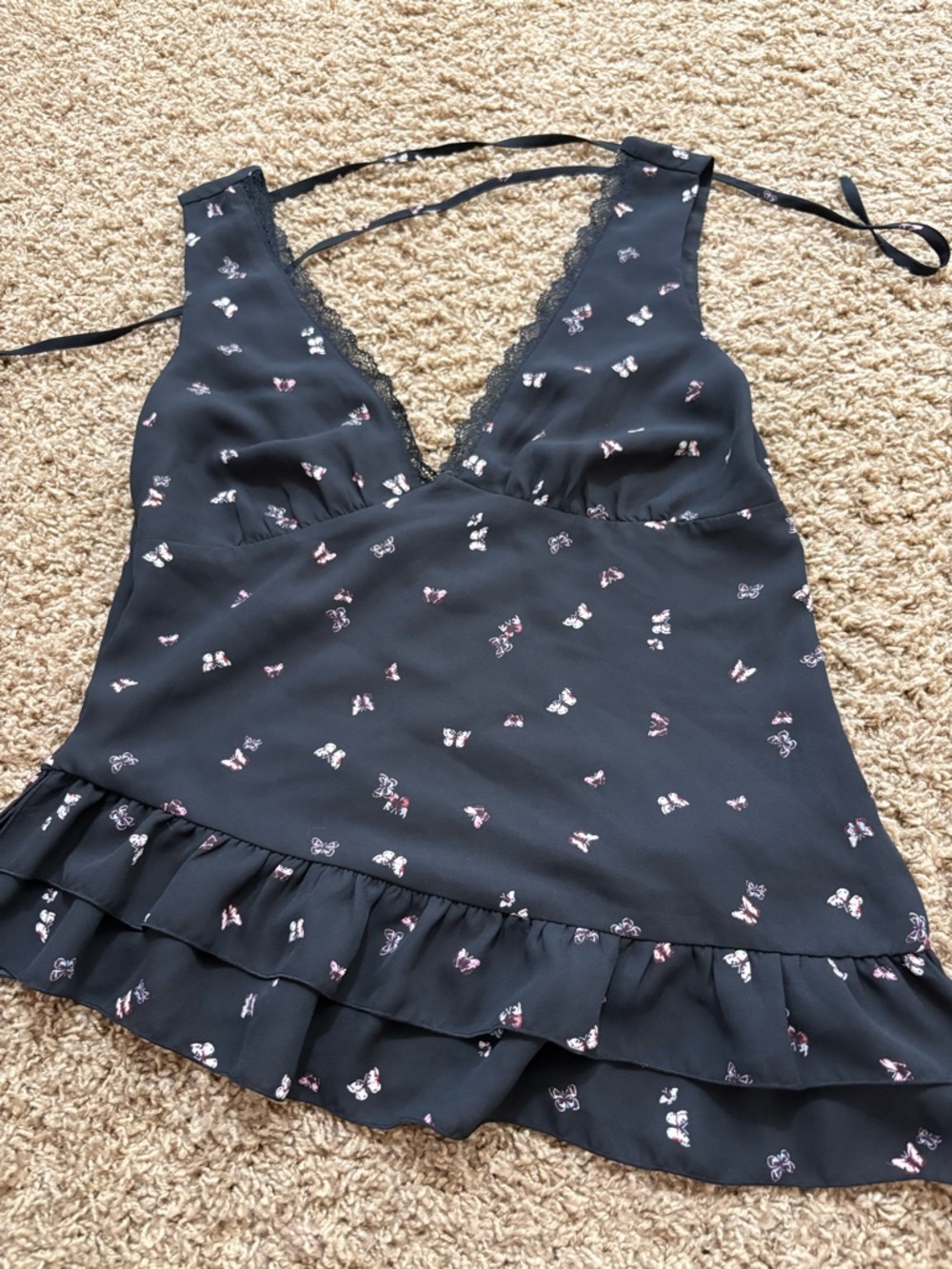 wild fable Black Butterfly-Print Lace Trim Slip Dress
